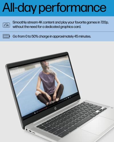 HP Chromebook 14 Laptop, Intel Celeron, 4GB RAM, 64GB eMMC, 14" HD, Chrome OS, Thin Design, 4K Graphics, Long Battery Life