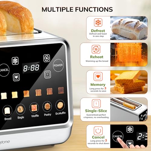Keenstone 4 Slice Smart Toaster: TouchScreen, Memory Function, Timer - Bagels, Bread, Waffles - Stainless Steel