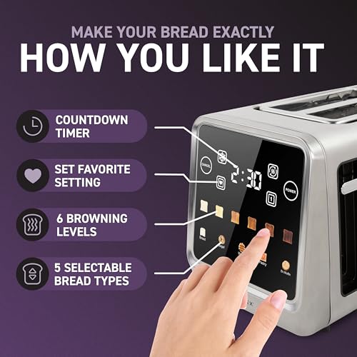 Inspirex 2 Slice Touch Screen Toaster - Extra-Wide Slots, 5 Bread Types, 6 Browning Levels - Defrost, Reheat - Stainless Steel