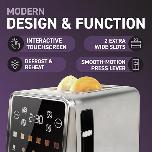 Inspirex 2 Slice Touch Screen Toaster - Extra-Wide Slots, 5 Bread Types, 6 Browning Levels - Defrost, Reheat - Stainless Steel
