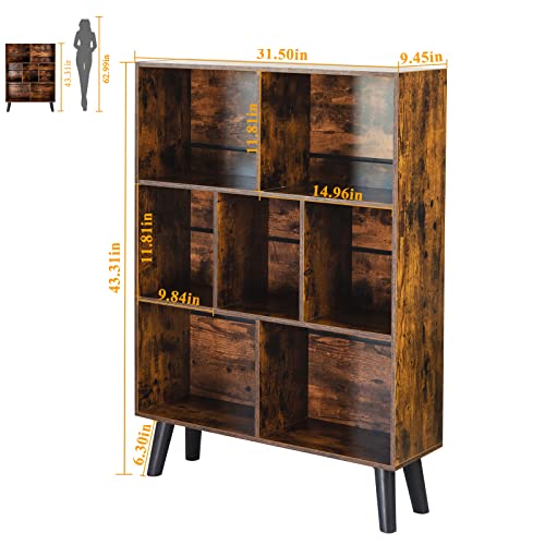 LEYAOYAO 3-Tier Cube Bookshelf: Mid-Century Rustic Brown, Retro Wood Storage Organizer Shelf for Bedroom, Living Room, Office
