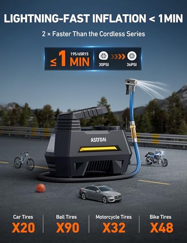 AstroAI 12V DC Tyre Inflator Air Compressor - Portable Car Pump with Auto-Stop, Digital Gauge, LED Light - 4 Adaptors
