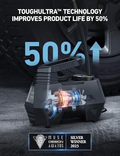 AstroAI 12V DC Tyre Inflator Air Compressor - Portable Car Pump with Auto-Stop, Digital Gauge, LED Light - 4 Adaptors