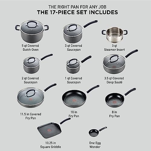 T-Fal Hard Anodized Nonstick Cookware Set 17 Piece with Fry Pan - Pots, Pans, Saute-Pan - Dishwasher Safe - Black