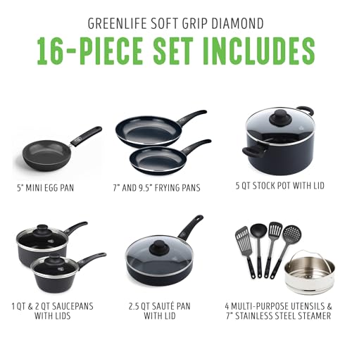 GreenLife Nonstick Cookware Set: 16-Piece Ceramic Pots & Pans, Dishwasher Safe, Oven Safe, Stay-Cool Handles, Black