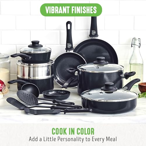 GreenLife Nonstick Cookware Set: 16-Piece Ceramic Pots & Pans, Dishwasher Safe, Oven Safe, Stay-Cool Handles, Black