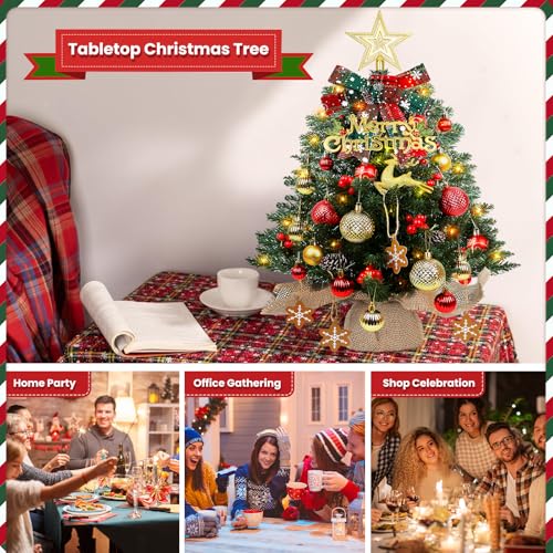 Mini Christmas Tree 24-inch LED Lighting, Battery Operated Xmas Tabletop Decoration with Ornaments - Warm White