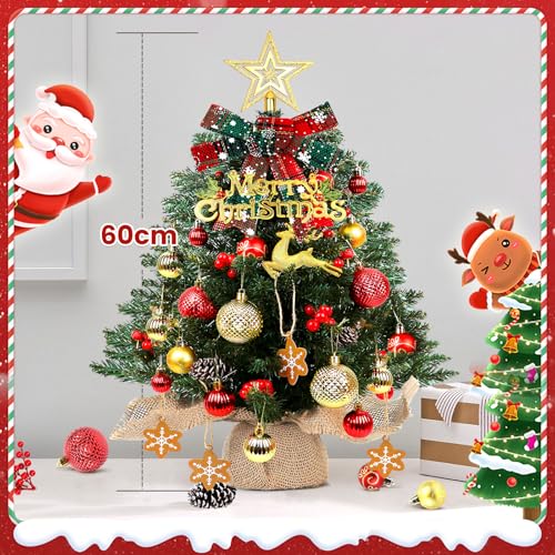 Mini Christmas Tree 24-inch LED Lighting, Battery Operated Xmas Tabletop Decoration with Ornaments - Warm White