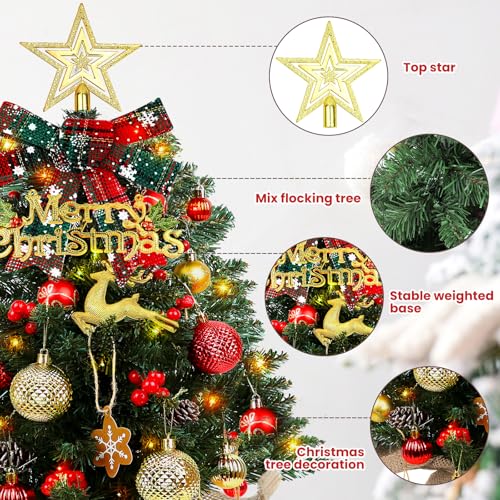 Mini Christmas Tree 24-inch LED Lighting, Battery Operated Xmas Tabletop Decoration with Ornaments - Warm White