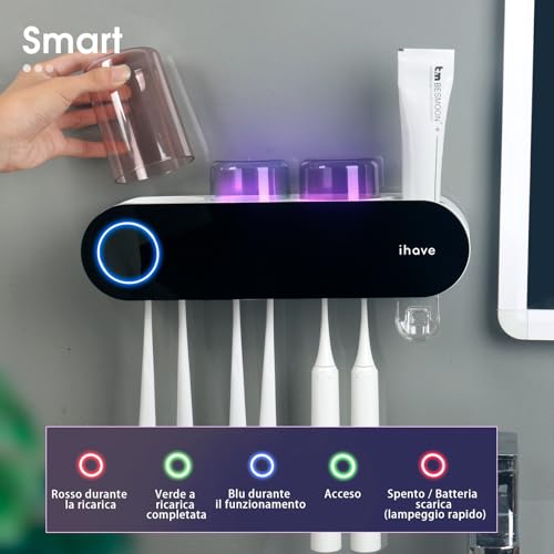 iHave Electric Toothbrush Holder with UV Sanitizer & Toothpaste Dispenser, 3 Cups, Smart Home Bathroom Accessories, Black