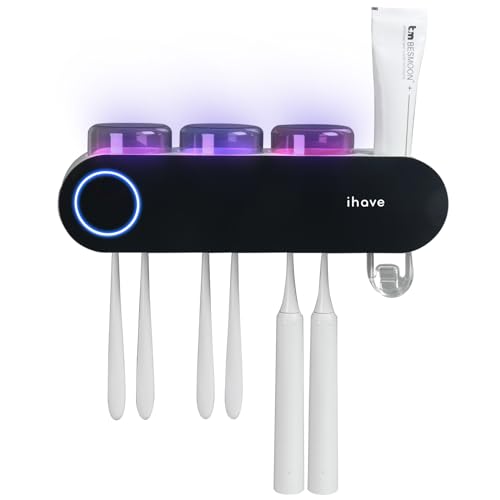 iHave Electric Toothbrush Holder with UV Sanitizer & Toothpaste Dispenser, 3 Cups, Smart Home Bathroom Accessories, Black