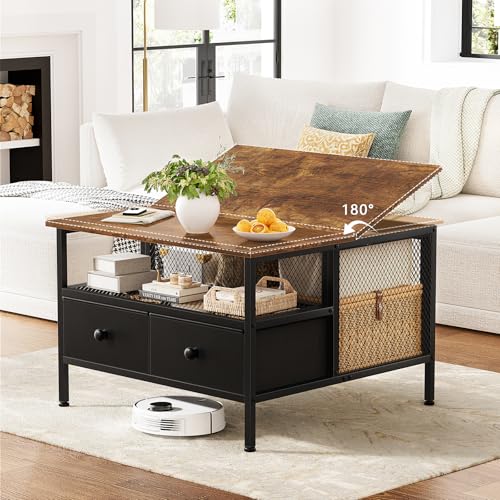 FABATO Square Coffee Table: Farmhouse Style, Lift-Up Top, Wire Mesh Barn Door, Storage, Steel Frame, Small Tea Table, Black