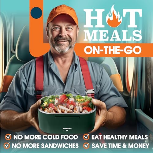TRAVELISIMO Heated Lunch Box: 80W Portable Food Warmer, Stainless Steel, 1.5L, 12/24/110V, for Travel & Work