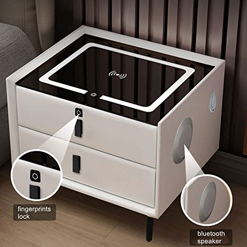 DWLOMHE Smart Bedside Table with 3 Drawers, USB, Wireless Charging, Fingerprint Lock, Bluetooth Speaker - Bedroom & Living Room