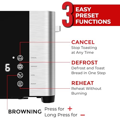 Mueller UltraToast Stainless Steel Toaster 4 Slice, Wide Slots for Bagels, 6 Browning Levels, LED Display, Kitchen Gadget