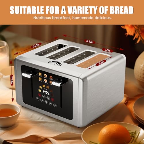 Brand 4-Slice Toaster: Touchscreen, Dual Control Panel, 6 Shade Settings, 6 Bread Types, Smart Features, Silver