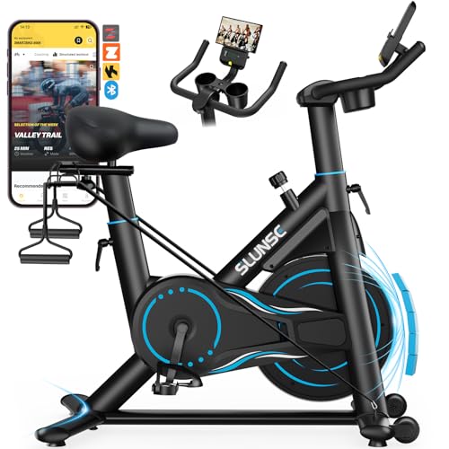 SLUNSE Adjustable Magnetic Spin Bike for Home Gym, Smart APP, Dumbbell Rack