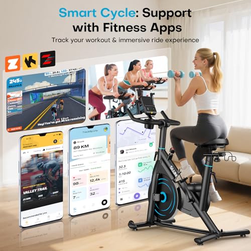 SLUNSE Adjustable Magnetic Spin Bike for Home Gym, Smart APP, Dumbbell Rack