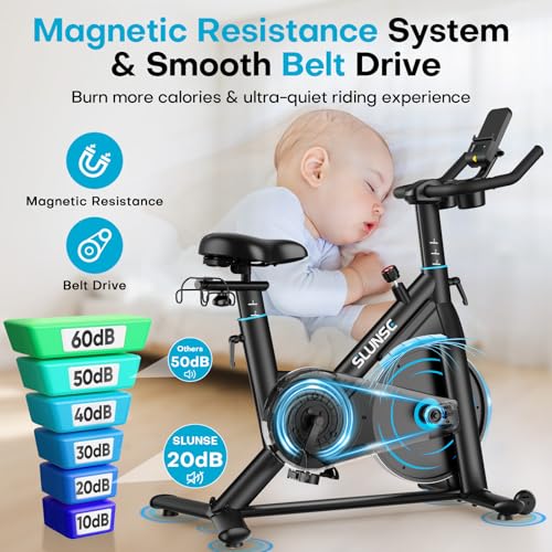SLUNSE Adjustable Magnetic Spin Bike for Home Gym, Smart APP, Dumbbell Rack