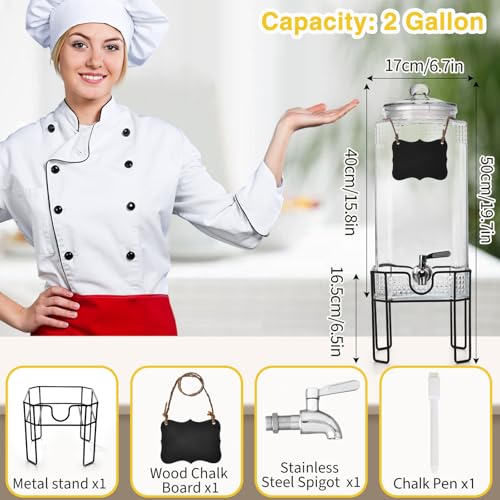 Glass Drink Dispenser with Stand and Lid, 2-Gallon Beverage Dispenser for Parties, Spigot, Ideal for Lemonade, Juice, Iced Tea