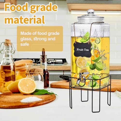 Glass Drink Dispenser with Stand and Lid, 2-Gallon Beverage Dispenser for Parties, Spigot, Ideal for Lemonade, Juice, Iced Tea