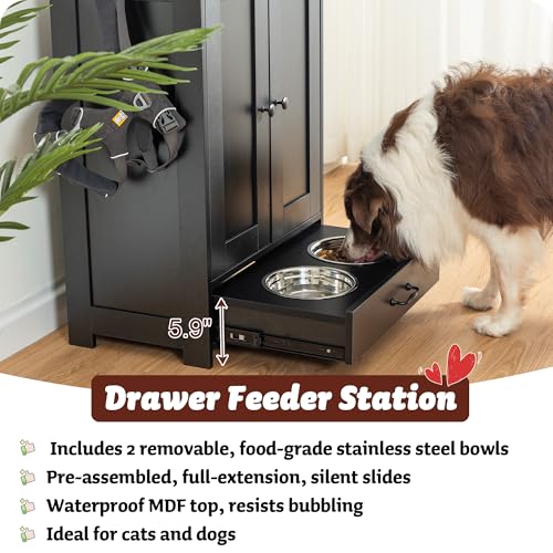 ALINE FURNITURE Dog Feeding Station: Storage Cabinet, 2 Elevated Bowls, Wood Organizer