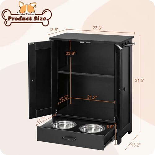 ALINE FURNITURE Dog Feeding Station: Storage Cabinet, 2 Elevated Bowls, Wood Organizer