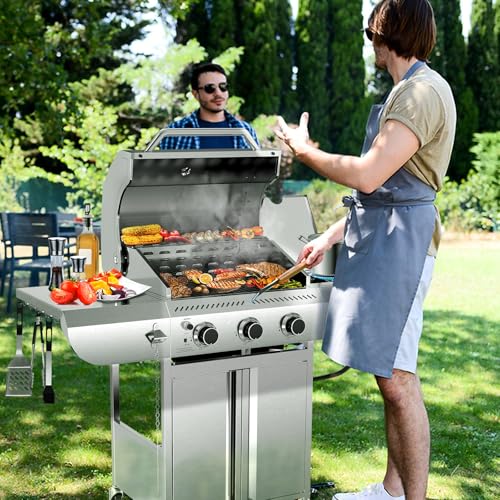 Outdoor BBQ Grill with Side Burner, Cast Iron Grates - Portable Stainless Steel, 3-Burner Propane Gas Grill - Patio/Camping