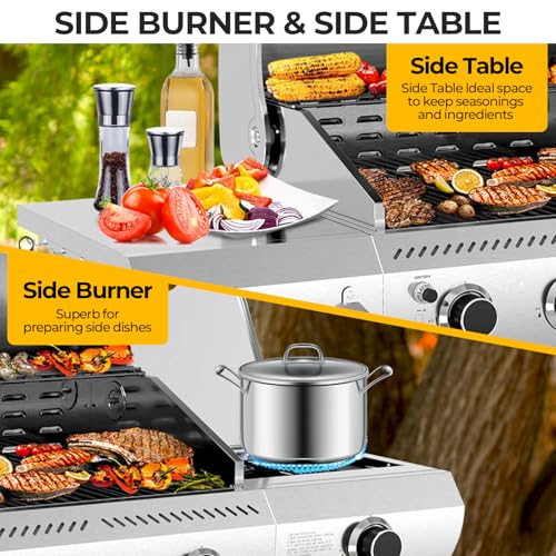 Outdoor BBQ Grill with Side Burner, Cast Iron Grates - Portable Stainless Steel, 3-Burner Propane Gas Grill - Patio/Camping