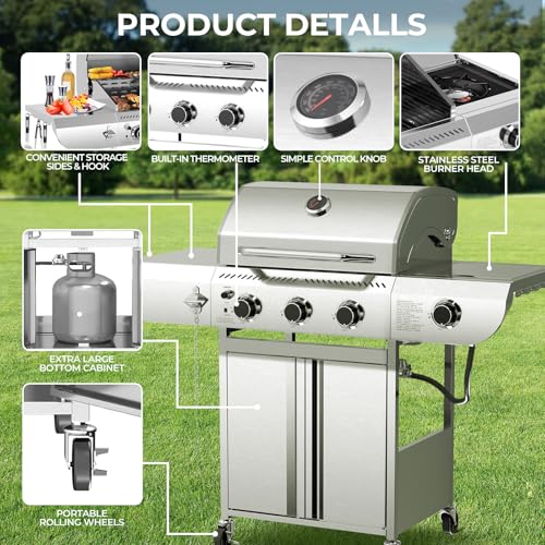 Outdoor BBQ Grill with Side Burner, Cast Iron Grates - Portable Stainless Steel, 3-Burner Propane Gas Grill - Patio/Camping