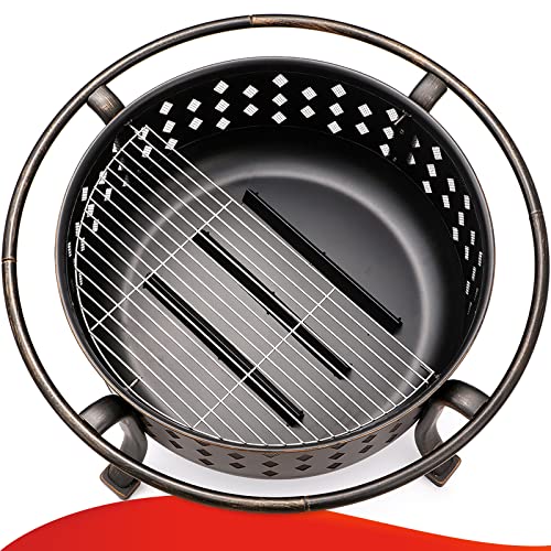 SINGLYFIRE 36" Outdoor Fire Pit: Large Crossweave Wood Burning Bronze Bonfire for Patio Backyard with BBQ Grate & Spark Screen
