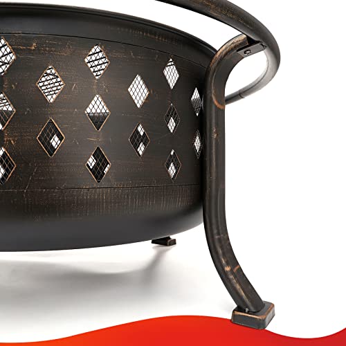 SINGLYFIRE 36" Outdoor Fire Pit: Large Crossweave Wood Burning Bronze Bonfire for Patio Backyard with BBQ Grate & Spark Screen
