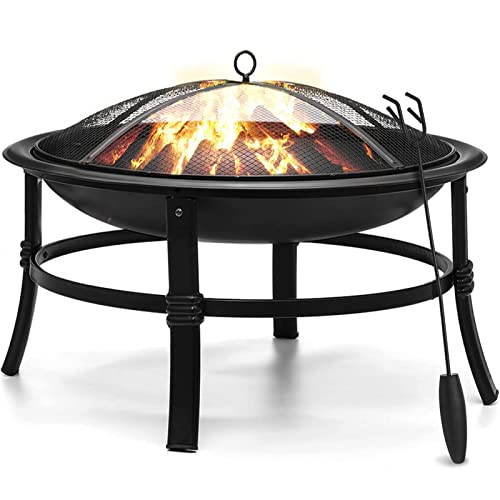 SINGLYFIRE Outdoor 26" Fire Pit: Heavy Duty Steel Bonfire Bowl for Patio, Backyard, Camping - Spark Screen, Log Grate, Poker