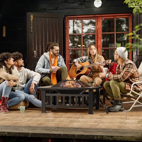 Devoko 32 Inch Firepit Table Metal Outdoor Fire Pit with Waterproof Cover - Patio Camping Fireplaces