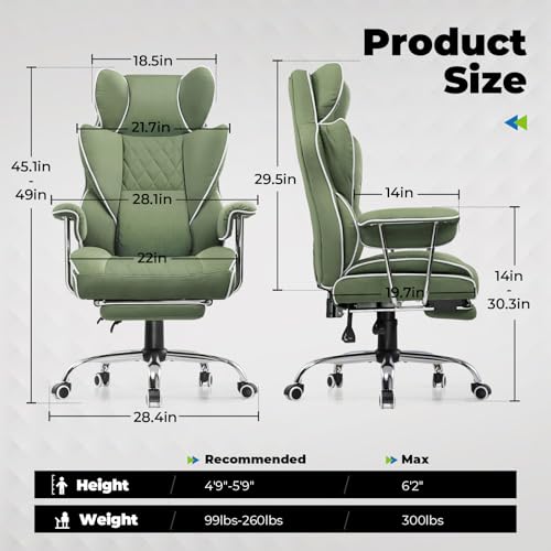 COMHOMA Big & Tall Leather Gaming Chair with Footrest - Ergonomic Executive Office Chair, Pocket Spring Lumbar Support