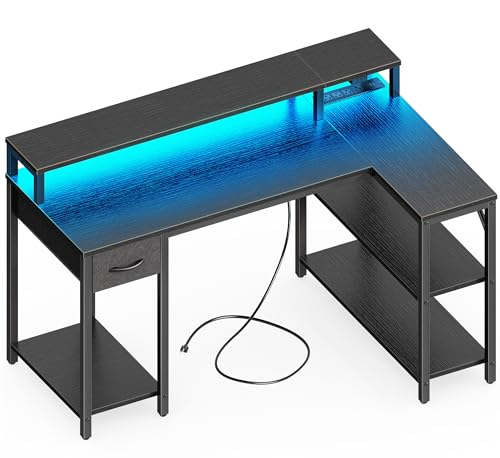 SUPERJARE L-Shaped Gaming Desk w/ Drawer, LED Lights & Shelves