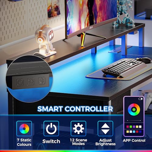 SUPERJARE L-Shaped Gaming Desk w/ Drawer, LED Lights & Shelves