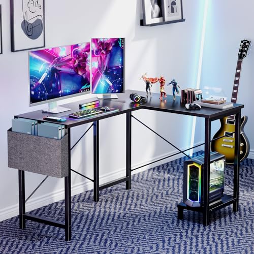 Sweetcrispy L Shaped Desk - Corner Gaming PC Table with CPU Stand - Sturdy Black Writing Workstation for Home Office
