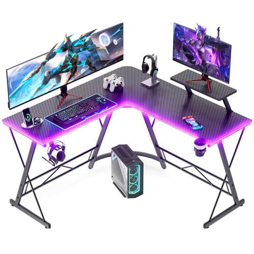 Mr IRONSTONE Gaming Desk, LED Lights, L-Shaped Corner, Cup Holder, Headphone Hook, Large Monitor Stand, Carbon Fiber Surface, Black 51 inch