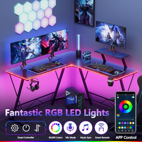 Mr IRONSTONE Gaming Desk, LED Lights, L-Shaped Corner, Cup Holder, Headphone Hook, Large Monitor Stand, Carbon Fiber Surface, Black 51 inch