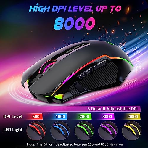 Redragon Wireless Gaming Mouse 8000 DPI Fire Button RGB Ergonomic Rechargeable - PC Gamer Mouse for Windows, Mac - Black