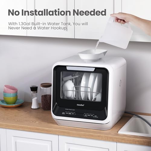 COMFEE' Mini Dishwasher: Portable Countertop, 5L Tank, 6 Programs, 360° Spray - Ideal for Apartments & RVs