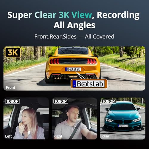 BOTSLAB 3K 4CH Dash Cam, 3K/4K Front, 1080p*3 Car Camera, 560° View, WiFi, GPS, Voice Control, 128GB SD Card