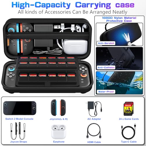 daydayup Switch 2 Carry Case for Nintendo Switch 2, 24 Games, Protective Hard Shell Travel Case for Console & Accessories