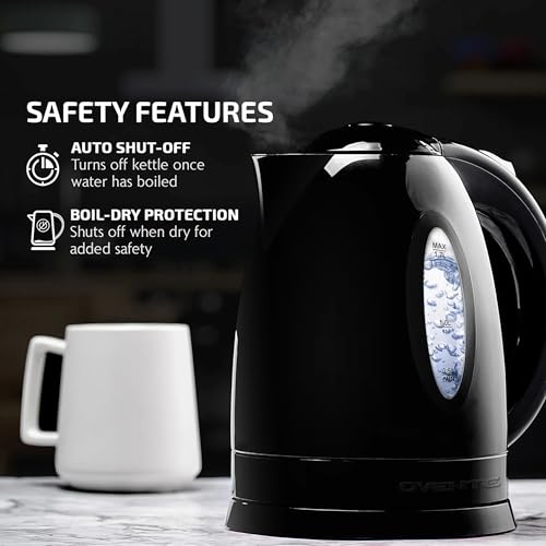 OVENTE 1.7L Electric Kettle: Fast Boiling Water Heater for Coffee/Tea, BPA Free, Auto Shut-Off & Boil-Dry Protection