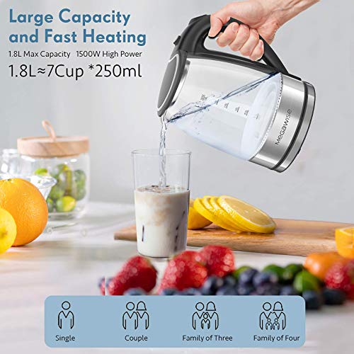 MegaWise Glass Tea Kettle, 1.8L with LED Light, Fast Boiling