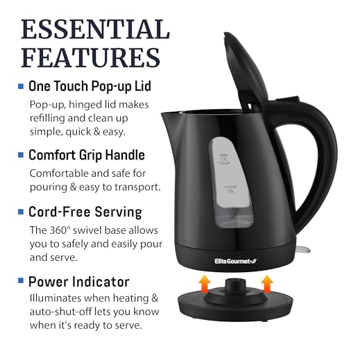 Elite Gourmet 1.7L Electric Tea Kettle 1500W, Fast Boil, BPA-Free