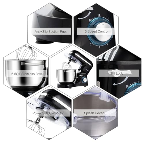 Aucma 6.5QT Stand Mixer: 660W, 6-Speed Tilt-Head Food Mixer