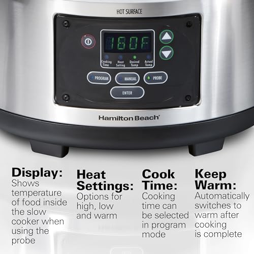 Hamilton Beach 6 Quart Slow Cooker with Lid Lock & Temperature Probe, Dishwasher Safe Crock & Lid, Stainless Steel