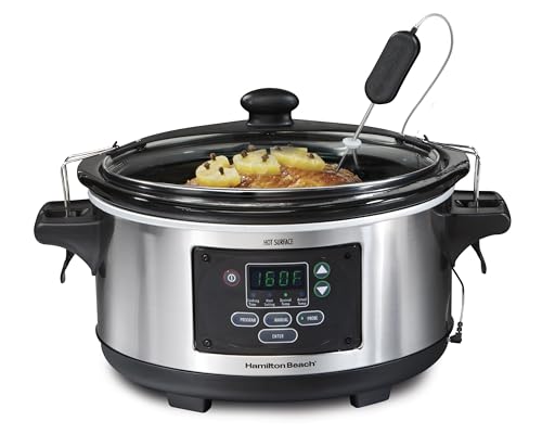 Hamilton Beach 6 Quart Slow Cooker with Lid Lock & Temperature Probe, Dishwasher Safe Crock & Lid, Stainless Steel